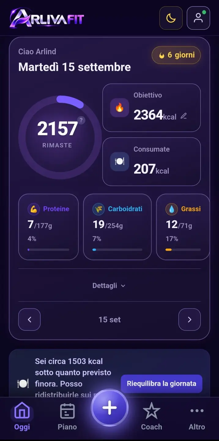 Dashboard scura Arliva Fit con calorie e macronutrienti
