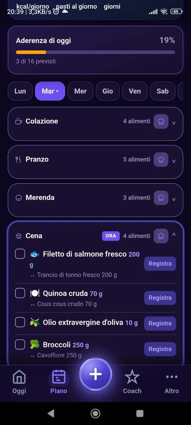 Piano alimentare giornaliero in Arliva Fit